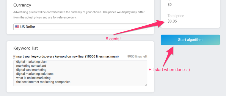 Start the keyword search volume algorithm