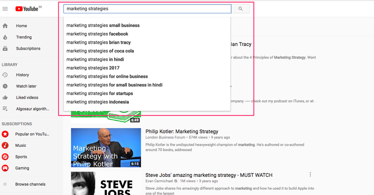YouTube search suggestions